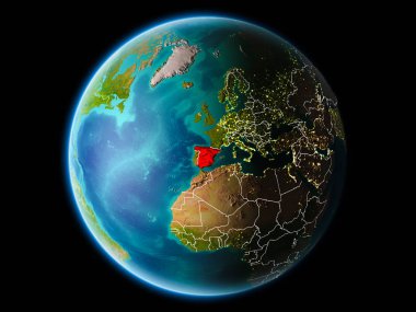 İspanya ile son derece detaylı yüzey dokuları görünür kenarlık çizgisi ve şehir ışıkları ile gece Dünya gezegeninin yörüngeden. 3D çizim. Nasa tarafından döşenmiş bu görüntü unsurları.