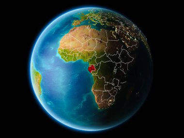 Gabon görünür kenarlık çizgisi ve şehir ışıkları ile son derece detaylı yüzey dokuları ile gece Dünya gezegeninin yörüngeden. 3D çizim. Nasa tarafından döşenmiş bu görüntü unsurları.