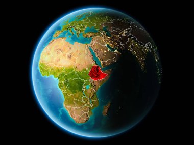 Etiyopya ile son derece detaylı yüzey dokuları görünür kenarlık çizgisi ve şehir ışıkları ile gece Dünya gezegeninin yörüngeden. 3D çizim. Nasa tarafından döşenmiş bu görüntü unsurları.