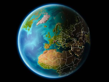 İsviçre son derece detaylı yüzey dokuları görünür kenarlık çizgileri ve şehir ışıkları ile gece Dünya gezegeninin yörüngeden. 3D çizim. Nasa tarafından döşenmiş bu görüntü unsurları.