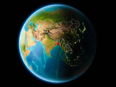 Bangladeş görünür kenarlık çizgisi ve şehir ışıkları ile son derece detaylı yüzey dokuları ile gece Dünya gezegeninin yörüngeden. 3D çizim. Nasa tarafından döşenmiş bu görüntü unsurları.