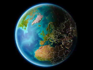 Son derece detaylı yüzey dokuları görünür kenarlık çizgileri ve şehir ışıkları ile gece Dünya gezegeninin yörüngesine Hollanda'dan. 3D çizim. Nasa tarafından döşenmiş bu görüntü unsurları.