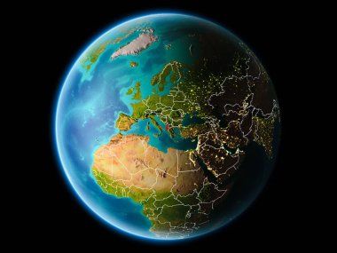 Arnavutluk ile son derece detaylı yüzey dokuları görünür kenarlık çizgisi ve şehir ışıkları ile gece Dünya gezegeninin yörüngeden. 3D çizim. Nasa tarafından döşenmiş bu görüntü unsurları.