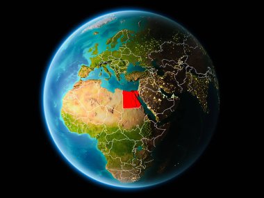 Mısır'dan son derece detaylı yüzey dokuları görünür kenarlık çizgileri ve şehir ışıkları ile gece Dünya gezegeninin yörüngesinde. 3D çizim. Nasa tarafından döşenmiş bu görüntü unsurları.