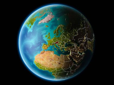 Avusturya ile son derece detaylı yüzey dokuları görünür kenarlık çizgisi ve şehir ışıkları ile gece Dünya gezegeninin yörüngeden. 3D çizim. Nasa tarafından döşenmiş bu görüntü unsurları.