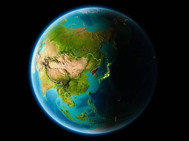 Kuzey Kore ile son derece detaylı yüzey dokuları görünür kenarlık çizgisi ve şehir ışıkları ile gece Dünya gezegeninin yörüngeden. 3D çizim. Nasa tarafından döşenmiş bu görüntü unsurları.