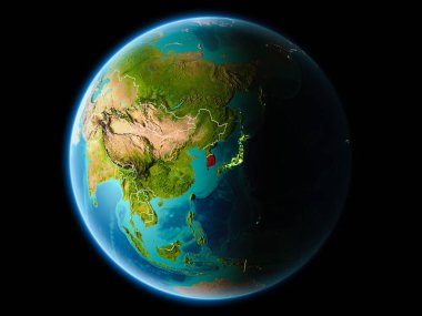 Güney Kore ile son derece detaylı yüzey dokuları görünür kenarlık çizgisi ve şehir ışıkları ile gece Dünya gezegeninin yörüngeden. 3D çizim. Nasa tarafından döşenmiş bu görüntü unsurları.