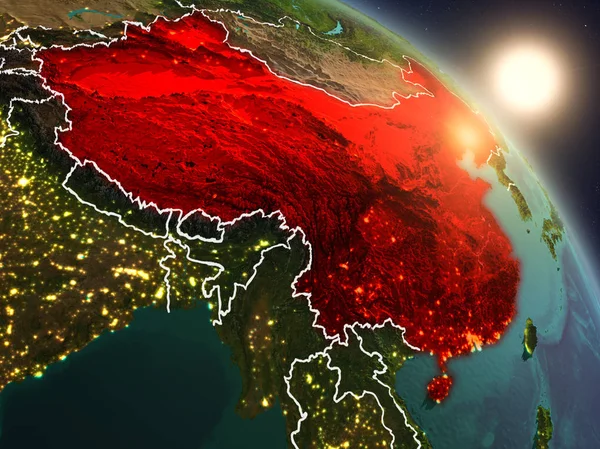 Günbatımı Çin Planet Earth görünür ülke sınırları ile uzaydan yukarıda. 3D çizim. Nasa tarafından döşenmiş bu görüntü unsurları.