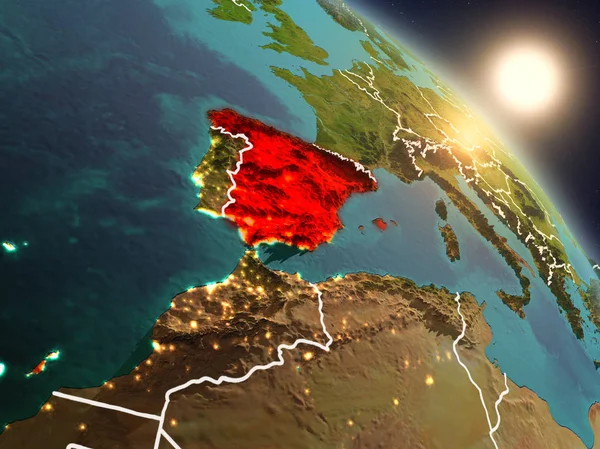 Günbatımı İspanya Planet Earth görünür ülke sınırları ile uzaydan yukarıda. 3D çizim. Nasa tarafından döşenmiş bu görüntü unsurları.