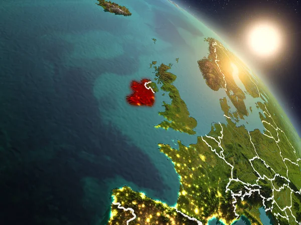 Puesta Sol Sobre Irlanda Desde Espacio Planeta Tierra Con Fronteras — Foto de Stock