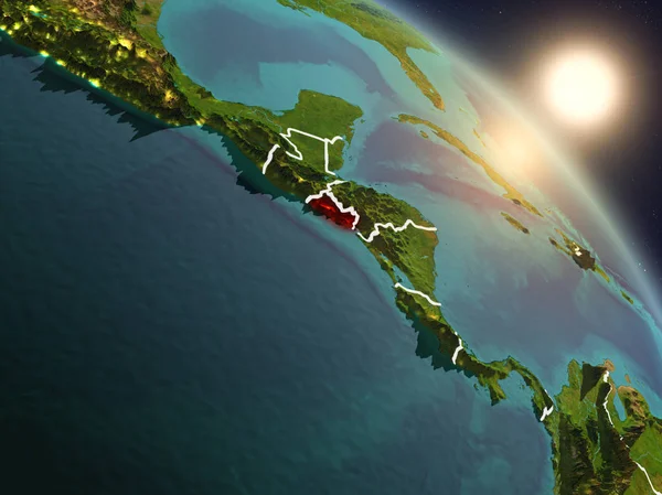 El Salvador Planet Earth görünür ülke sınırları ile uzaydan yukarıda gün batımı. 3D çizim. Nasa tarafından döşenmiş bu görüntü unsurları.