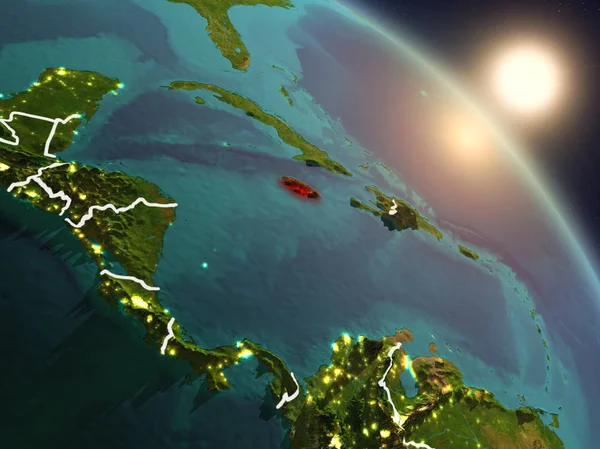 Günbatımı Jamaika Planet Earth görünür ülke sınırları ile uzaydan yukarıda. 3D çizim. Nasa tarafından döşenmiş bu görüntü unsurları.