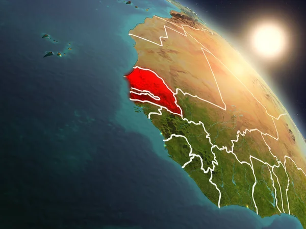 Günbatımı Senegal Planet Earth görünür ülke sınırları ile uzaydan yukarıda. 3D çizim. Nasa tarafından döşenmiş bu görüntü unsurları.