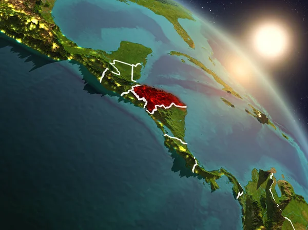 Günbatımı Honduras Planet Earth görünür ülke sınırları ile uzaydan yukarıda. 3D çizim. Nasa tarafından döşenmiş bu görüntü unsurları.