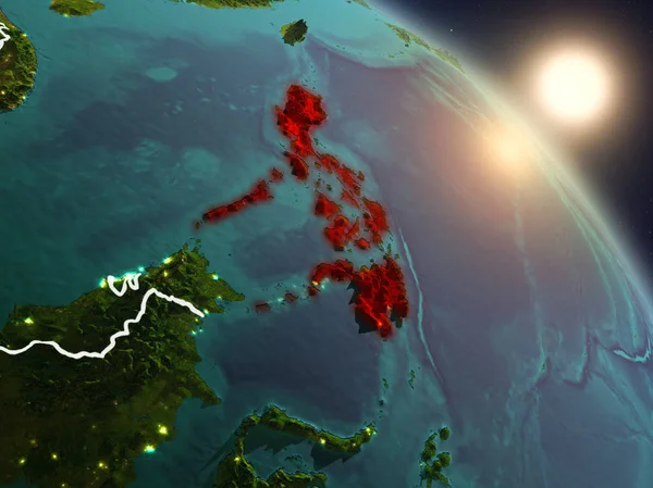 Günbatımı Planet Earth görünür ülke sınırları ile uzaydan Türkiye yukarıda. 3D çizim. Nasa tarafından döşenmiş bu görüntü unsurları.