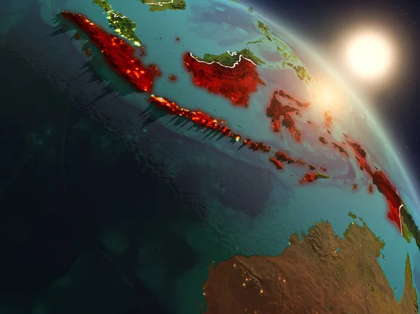 Günbatımı Endonezya Planet Earth görünür ülke sınırları ile uzaydan yukarıda. 3D çizim. Nasa tarafından döşenmiş bu görüntü unsurları.