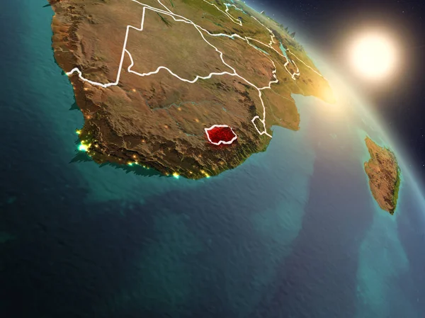 Lesotho Planet Earth görünür ülke sınırları ile uzaydan yukarıda gün batımı. 3D çizim. Nasa tarafından döşenmiş bu görüntü unsurları.