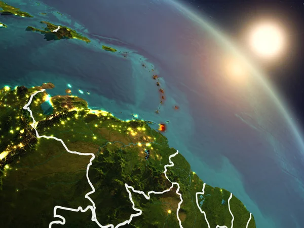Günbatımı Caribbean Planet Earth görünür ülke sınırları ile uzaydan yukarıda. 3D çizim. Nasa tarafından döşenmiş bu görüntü unsurları.