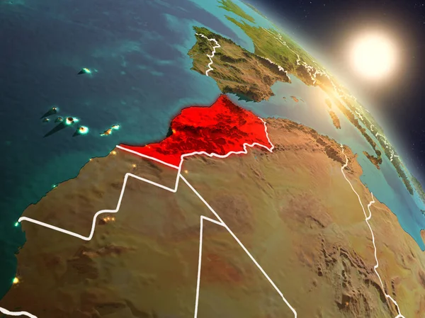 Günbatımı Fas Planet Earth görünür ülke sınırları ile uzaydan yukarıda. 3D çizim. Nasa tarafından döşenmiş bu görüntü unsurları.