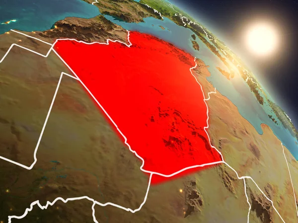 Günbatımı Cezayir Planet Earth görünür ülke sınırları ile uzaydan yukarıda. 3D çizim. Nasa tarafından döşenmiş bu görüntü unsurları.