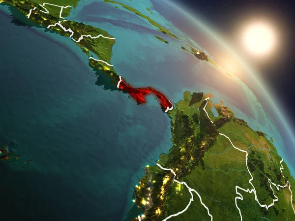 Günbatımı Panama Planet Earth görünür ülke sınırları ile uzaydan yukarıda. 3D çizim. Nasa tarafından döşenmiş bu görüntü unsurları.