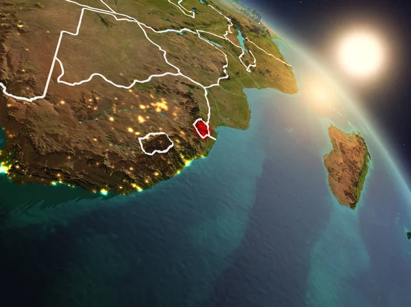 Günbatımı Svaziland Planet Earth görünür ülke sınırları ile uzaydan yukarıda. 3D çizim. Nasa tarafından döşenmiş bu görüntü unsurları.