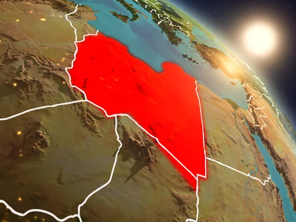 Günbatımı Libya Planet Earth görünür ülke sınırları ile uzaydan yukarıda. 3D çizim. Nasa tarafından döşenmiş bu görüntü unsurları.