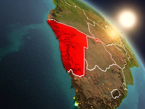 Günbatımı Namibya Planet Earth görünür ülke sınırları ile uzaydan yukarıda. 3D çizim. Nasa tarafından döşenmiş bu görüntü unsurları.