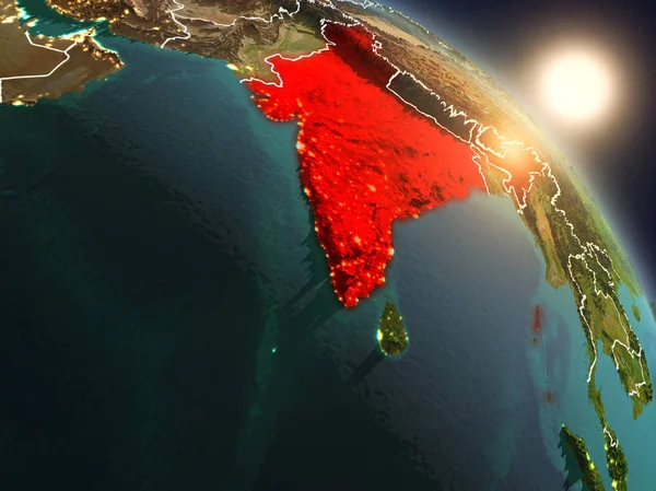 Günbatımı Planet Earth görünür ülke sınırları ile uzaydan Hindistan yukarıda. 3D çizim. Nasa tarafından döşenmiş bu görüntü unsurları.