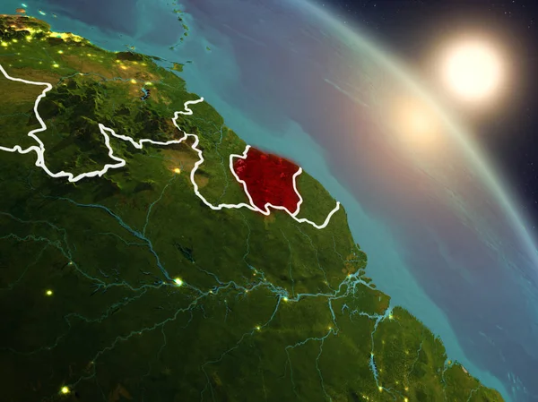 Günbatımı Surinam Planet Earth görünür ülke sınırları ile uzaydan yukarıda. 3D çizim. Nasa tarafından döşenmiş bu görüntü unsurları.