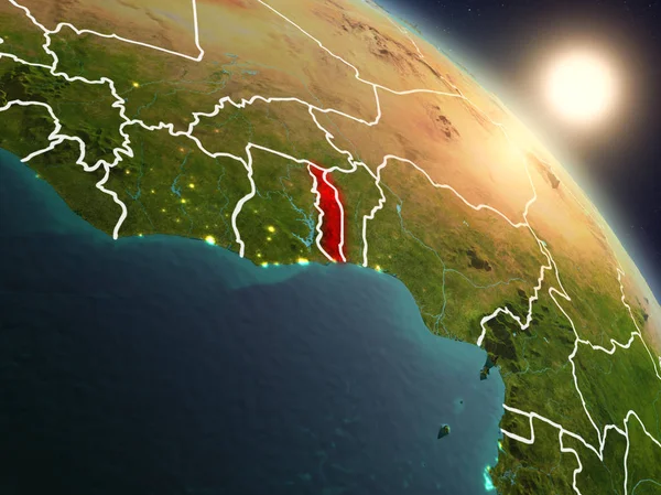 Günbatımı Togo Planet Earth görünür ülke sınırları ile uzaydan yukarıda. 3D çizim. Nasa tarafından döşenmiş bu görüntü unsurları.