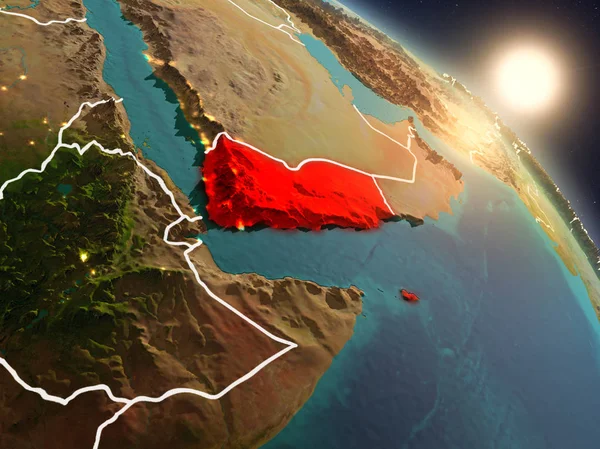 Günbatımı Yemen Planet Earth görünür ülke sınırları ile uzaydan yukarıda. 3D çizim. Nasa tarafından döşenmiş bu görüntü unsurları.