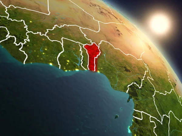 Günbatımı Benin Planet Earth görünür ülke sınırları ile uzaydan yukarıda. 3D çizim. Nasa tarafından döşenmiş bu görüntü unsurları.