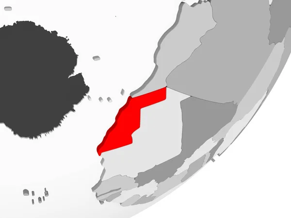 Illustration of Western Sahara highlighted in red on grey globe with transparent oceans. 3D illustration.