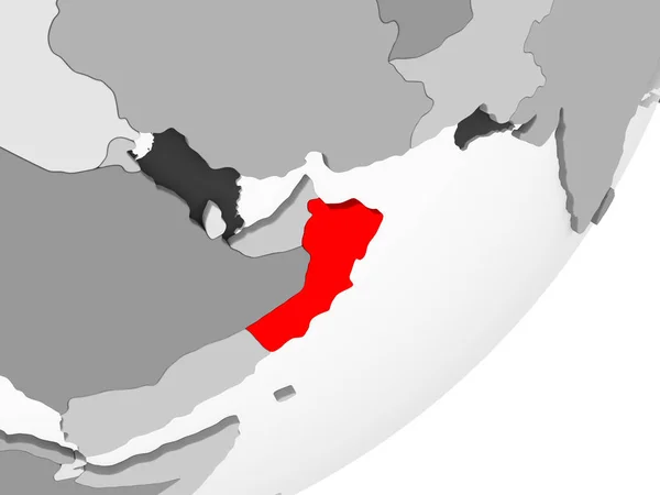 Illustrazione Dell Oman Evidenziata Rosso Globo Grigio Con Oceani Trasparenti — Foto Stock