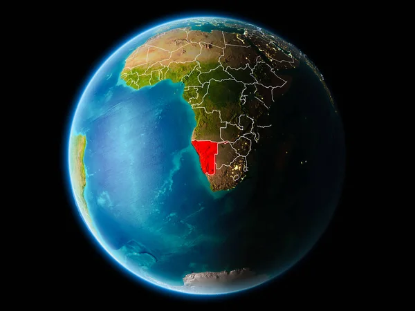 纳米比亚从行星地球的轨道在晚上与高度详细的表面纹理与可看见的边界线和城市光 Nasa 提供的这个图像的元素 — 图库照片