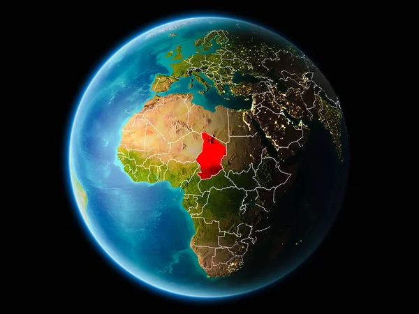Son derece detaylı yüzey dokuları görünür kenarlık çizgileri ve şehir ışıkları ile gece Dünya gezegeninin yörüngeden Chad. 3D çizim. Nasa tarafından döşenmiş bu görüntü unsurları.