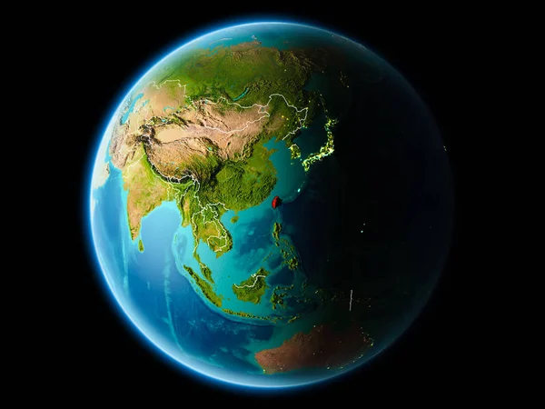 Tayvan ile son derece detaylı yüzey dokuları görünür kenarlık çizgisi ve şehir ışıkları ile gece Dünya gezegeninin yörüngeden. 3D çizim. Nasa tarafından döşenmiş bu görüntü unsurları.