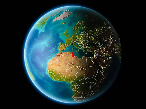 Tunus son derece detaylı yüzey dokuları görünür kenarlık çizgileri ve şehir ışıkları ile gece Dünya gezegeninin yörüngeden. 3D çizim. Nasa tarafından döşenmiş bu görüntü unsurları.