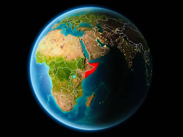 Somali görünür kenarlık çizgisi ve şehir ışıkları ile son derece detaylı yüzey dokuları ile gece Dünya gezegeninin yörüngeden. 3D çizim. Nasa tarafından döşenmiş bu görüntü unsurları.