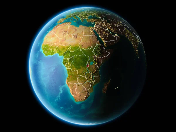 Burundi görünür kenarlık çizgisi ve şehir ışıkları ile son derece detaylı yüzey dokuları ile gece Dünya gezegeninin yörüngeden. 3D çizim. Nasa tarafından döşenmiş bu görüntü unsurları.