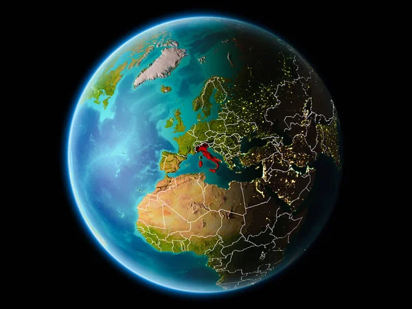 Италия Орбиты Планеты Земля Ночью Подробными Поверхностными Текстурами Видимыми Пограничными — стоковое фото