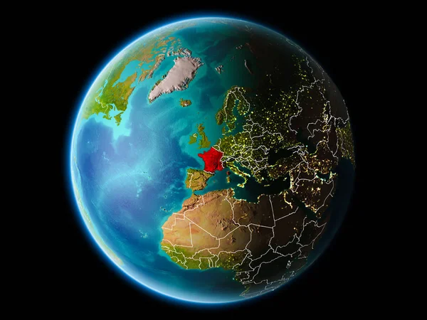 Son derece detaylı yüzey dokuları görünür kenarlık çizgileri ve şehir ışıkları ile gece Dünya gezegeninin yörüngesine Fransa'dan. 3D çizim. Nasa tarafından döşenmiş bu görüntü unsurları.