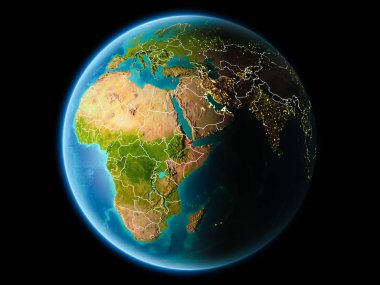 Cibuti görünür kenarlık çizgisi ve şehir ışıkları ile son derece detaylı yüzey dokuları ile gece Dünya gezegeninin yörüngeden. 3D çizim. Nasa tarafından döşenmiş bu görüntü unsurları.