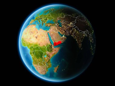 Yemen çok detaylı yüzey dokuları görünür kenarlık çizgileri ve şehir ışıkları ile gece Dünya gezegeninin yörüngeden. 3D çizim. Nasa tarafından döşenmiş bu görüntü unsurları.