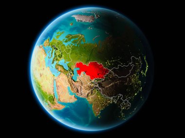 Kazakistan son derece detaylı yüzey dokuları görünür kenarlık çizgileri ve şehir ışıkları ile gece Dünya gezegeninin yörüngeden. 3D çizim. Nasa tarafından döşenmiş bu görüntü unsurları.