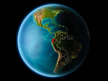 Son derece detaylı yüzey dokuları görünür kenarlık çizgileri ve şehir ışıkları ile gece Dünya gezegeninin yörüngeden Ekvador. 3D çizim. Nasa tarafından döşenmiş bu görüntü unsurları.