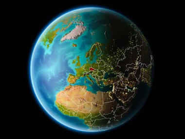 Çek Cumhuriyeti son derece detaylı yüzey dokuları görünür kenarlık çizgileri ve şehir ışıkları ile gece Dünya gezegeninin yörüngeden. 3D çizim. Nasa tarafından döşenmiş bu görüntü unsurları.