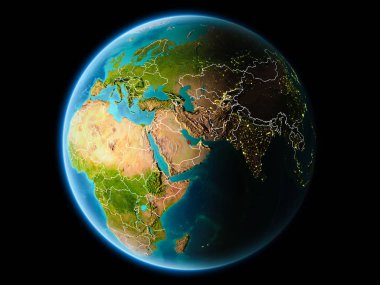 Son derece detaylı yüzey dokuları görünür kenarlık çizgileri ve şehir ışıkları ile gece Dünya gezegeninin yörüngeden katar. 3D çizim. Nasa tarafından döşenmiş bu görüntü unsurları.