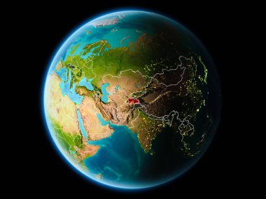 Tacikistan görünür kenarlık çizgisi ve şehir ışıkları ile son derece detaylı yüzey dokuları ile gece Dünya gezegeninin yörüngeden. 3D çizim. Nasa tarafından döşenmiş bu görüntü unsurları.